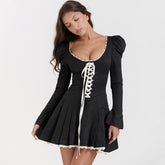 Vintage Scoop Neck Lace Up Puff Sleeve Pleated Hem Mini Party Dress - Black